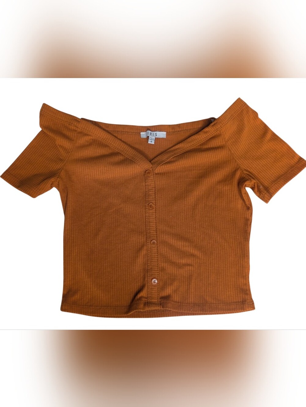 Iris Ribbed Off-Shoulder Button Crop Top in Burnt Orange